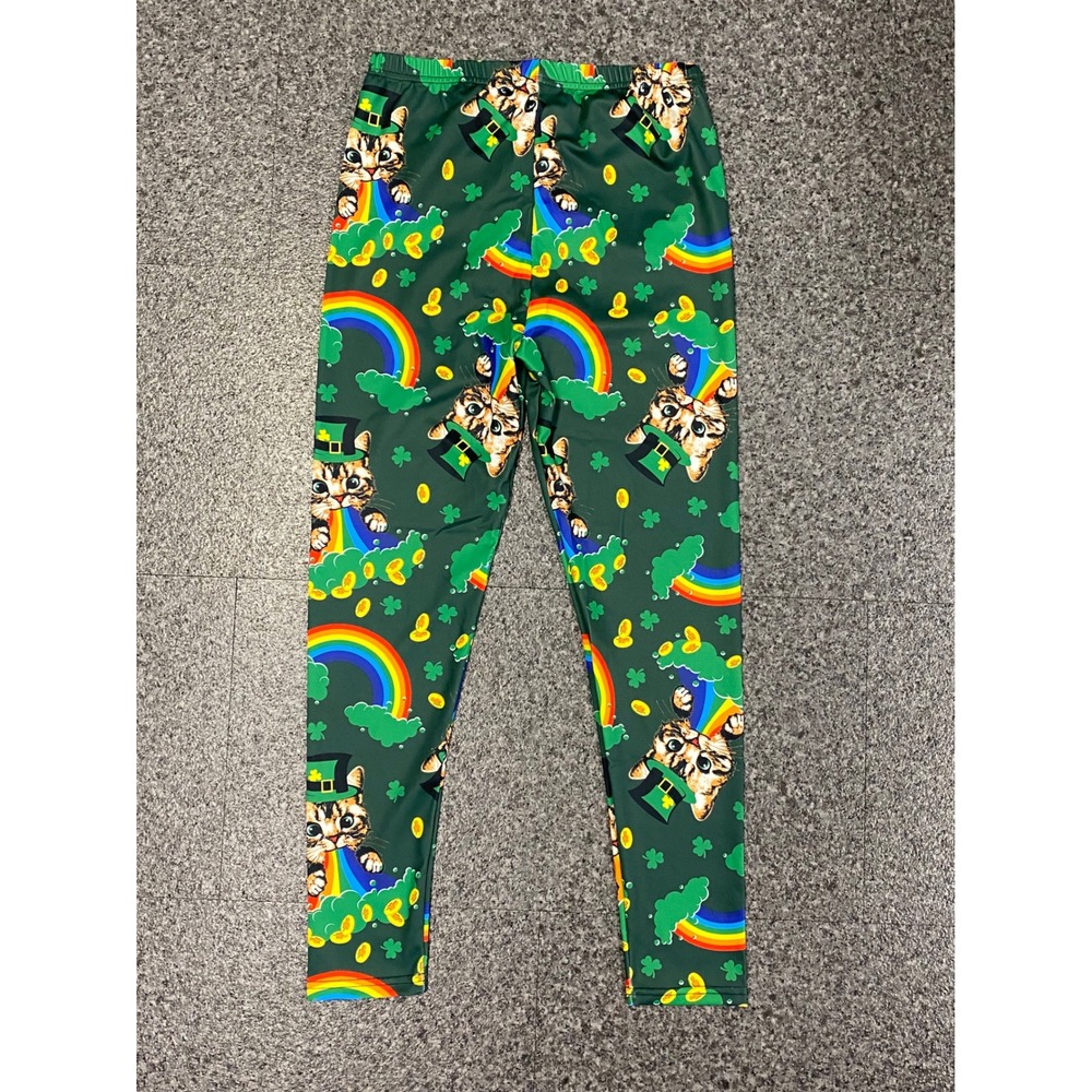 Womens St Patricks Day Rainbow‎ Irish Cat Leggings Green Leprechaun Hat Large - Picture 3 of 4